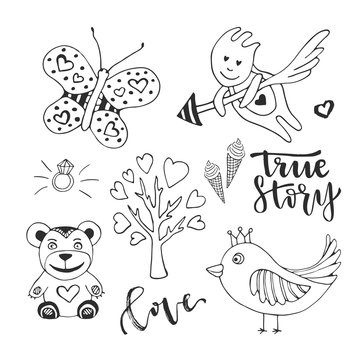 Vector love day set of cute doodle sketch design elements. Cupid, bird, butterfly and love tree vector hand drawn