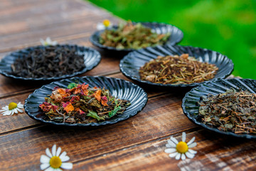 Different kinds of tea on black plates on wooden table with flowers of chamomile in garden and on nature background. Assortment of dry tea. Tea concept. Tea leaves. Closeup