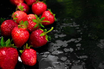 Whole strawberries on black background with water drops. Wet strawberries. Frame, copy space.