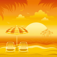 Fototapeta na wymiar Sunset beach background with sea, chairs and stripped beach umbrellas.