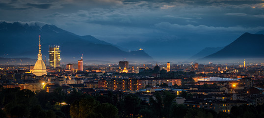 Turin (Torino) high definition panorama with all the city skyline including the Mole Antonelliana, the new skyscraper and the Sacra di San Michele in the background - obrazy, fototapety, plakaty