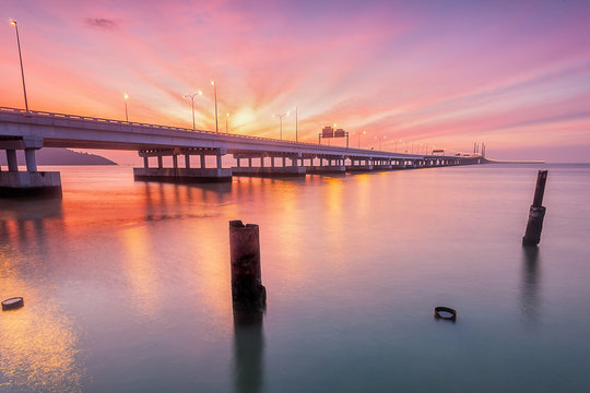 Sunrise in view of Penang Bridge, George Town, Penang Malaysia