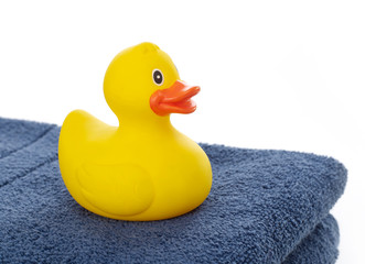 Rubber duck on towel