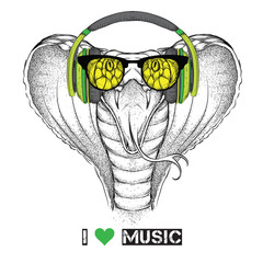 Illustration of snake hipster dressed up in the glasses and headphones. Vector illustration.