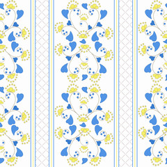 Floral seamless pattern in retro style, cute cartoon  flowers white background  with vertical stripes.