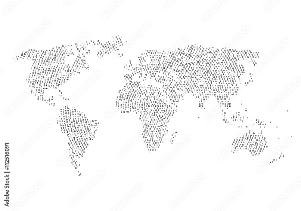 Poster world map with letters inside. letters cloud in world map shape design