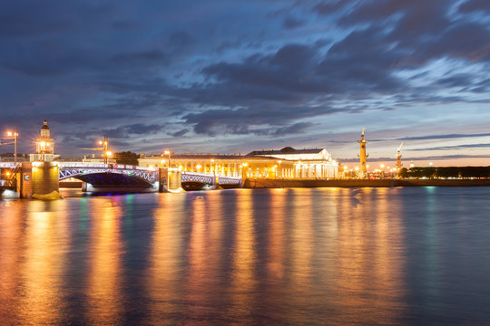Menacing sky of the sunset over the spit Vasilyevsky island. Saint Petersburg