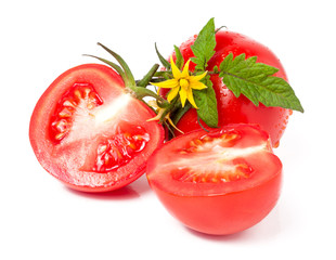 tomato with leaves flower water drops isolated on white background