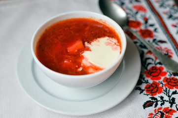 Top view of Borsch - traditional Ukrainian cuisine. 