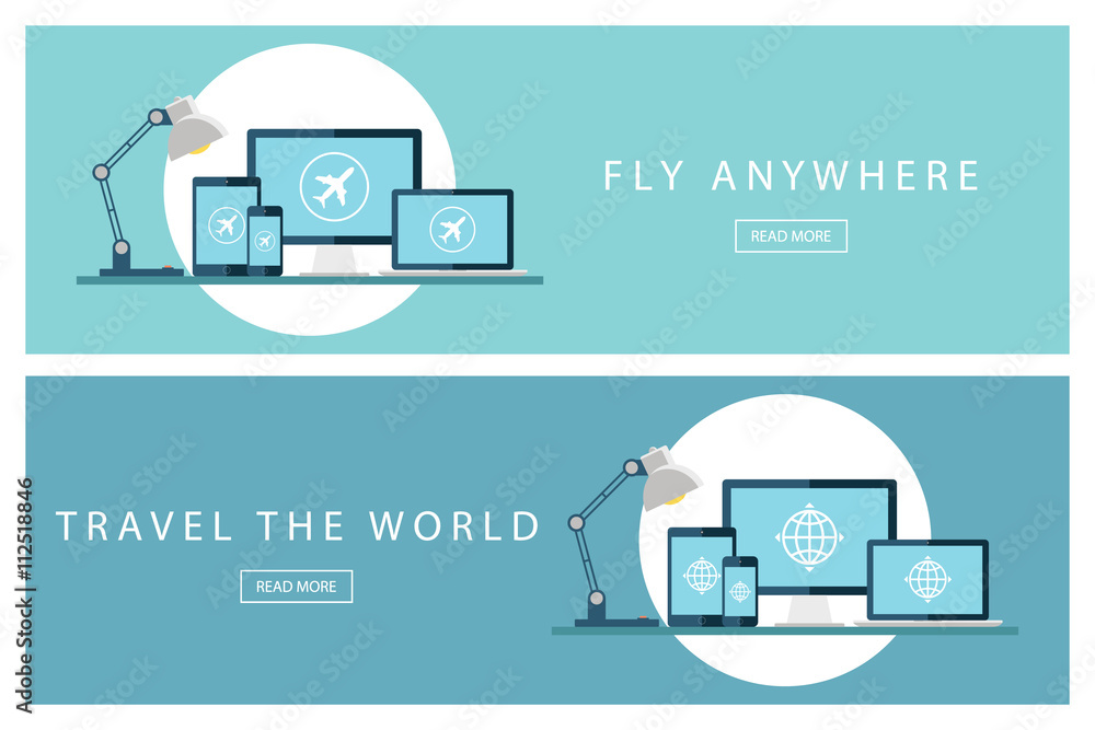 Poster set of flat design travel concepts. travel the world and fly anywhere. banners for web design, marke