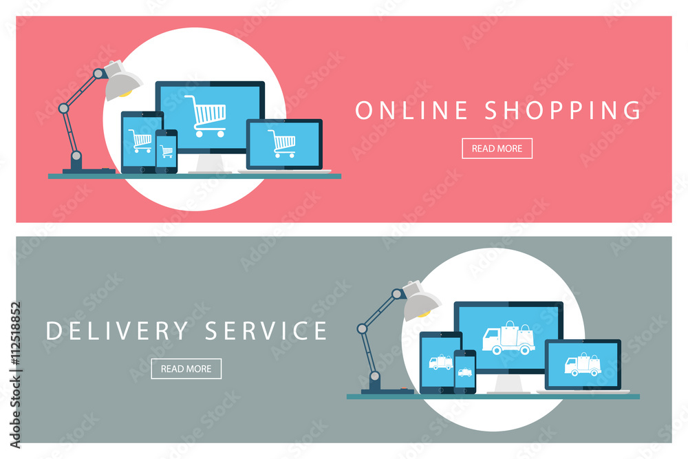 Poster set of flat design concepts of online shopping and delivery service. banners for web design, marketi