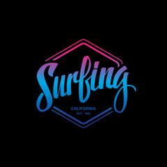 Surfing. Calligraphy. Surfing logo. Handwritten word. Surf typography, t-shirt graphics. Vector illustration.