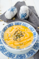 Pumpkin cream soup with sunflower seeds
