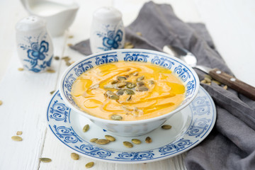 Pumpkin cream soup with sunflower seeds
