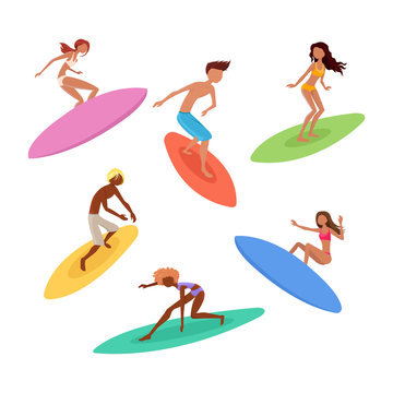 Set of cute surfers with surfboards. Surfing characters. Vector illustration.