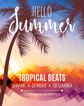 Hello Summer Beach Party. Tropic Summer vacation and travel. Tropical poster  colorful background and palm exotic island. Music summer party festival. DJ  template. Stock Vector | Adobe Stock