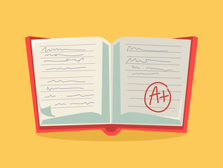 Good grade and excellent work. Examination notebook. Open notebook with good grade. Vector flat cartoon illustration