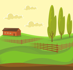 Farm landscape. Green farm. Rural landscape with fields. Vector flat cartoon illustration