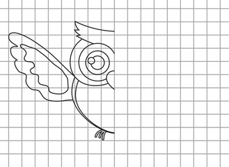 Fototapeta premium Children game finish owl draw. Vector cartoon illustration game. Line black simple owl