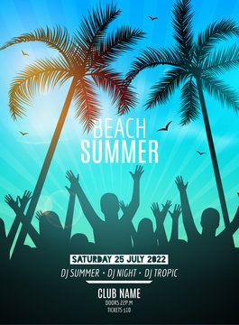 Summer beach party design template. Party people silhouette template. Dance disco poster flyer mockup