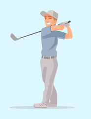 Golf player. Retro isolated golf player. Man play golf. Vector flat cartoon illustration