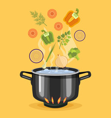 Boiled vegetables. Boiled water in pan. Vegetables in hot water. Soup recipe. Vector flat cartoon illustration