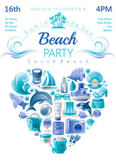 Beach party invitation in blue color with icons in heart