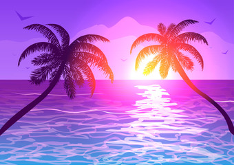 Vector illustration. Silhouettes of palm trees on the background of the ocean at sunset.