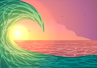 Fototapeta na wymiar Vector illustration. Big ocean wave at sunset.