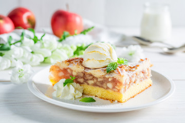 Homemade apple pie and ice cream with mint leaves