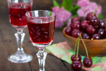 Glasses of cherry liquor. Selective focus.