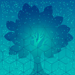 Tree with sacred geometry symbols and elements. Sacred mesh background. Alchemy, religion, philosophy, astrology and spirituality themes. Sacred mesh with triangles, circles and squares.