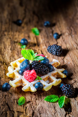 Fresh berry fruits with waffels in waffels