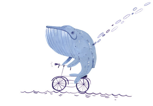 watercolor whale on a bicycle illustration
