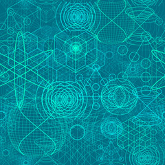 Sacred geometry symbols and elements wallpaper seamless pattern. Textile design, abstract texture, surface pattern. Alchemy, religion, philosophy, astrology and spirituality themes