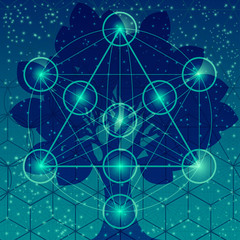 Tree with sacred geometry symbols and elements. Sacred mesh background. Sacred mesh with triangles, circles and squares. Geometric religion sign.