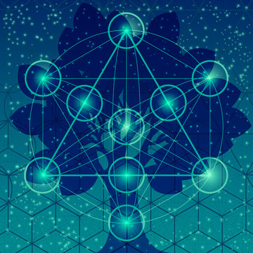 Tree with sacred geometry symbols and elements. Sacred mesh background. Sacred mesh with triangles, circles and squares. Geometric religion sign.
