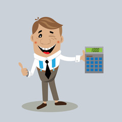 businessman on a calculator shows the result of the profit arising from the transaction. vector illustration, cartoon