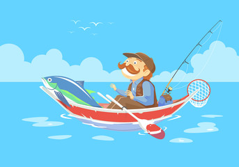 cartoon man no fishing boat, vector