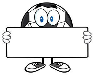 Soccer Ball Cartoon Mascot Character Holding A Blank Sign