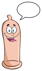 Happy Condom Cartoon Mascot Character With Speech Bubble