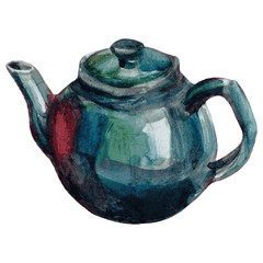 Watercolor green teapot isolated on white background, Vector hand drawn illustration for magazine page, package design tea, cafe menu, tableware kitchenware collection