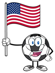 Happy Soccer Ball Cartoon Mascot Character Holding A Flag Of The United States