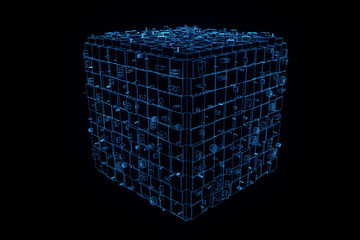 Abstract futuristic stylish 3D Cube in Motion. nice Wireframe Hologram 

