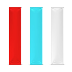 Color empty vertical advertising banner flags. Mockup advertising placard vertical, canvas or cotton frame advertising poster. Vector illustration mockup