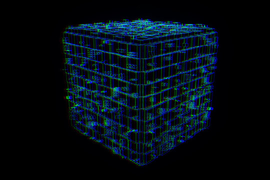 Abstract futuristic stylish 3D Cube in Motion. nice Wireframe Hologram 

