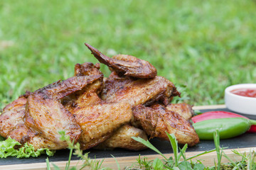 Grilled chicken wings in nature on a rock