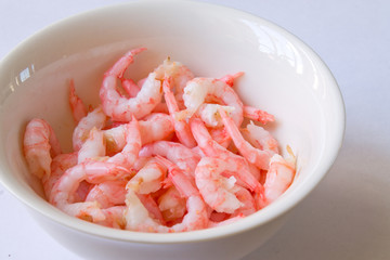 the shrimp in the bowl closeup on white background