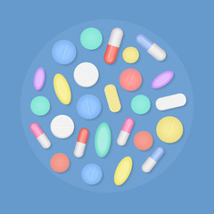 Many colorful medicine pills top view isolated.