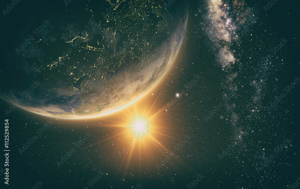 Wall mural sunrise view of earth from space with milky way galaxy, 3d rendering